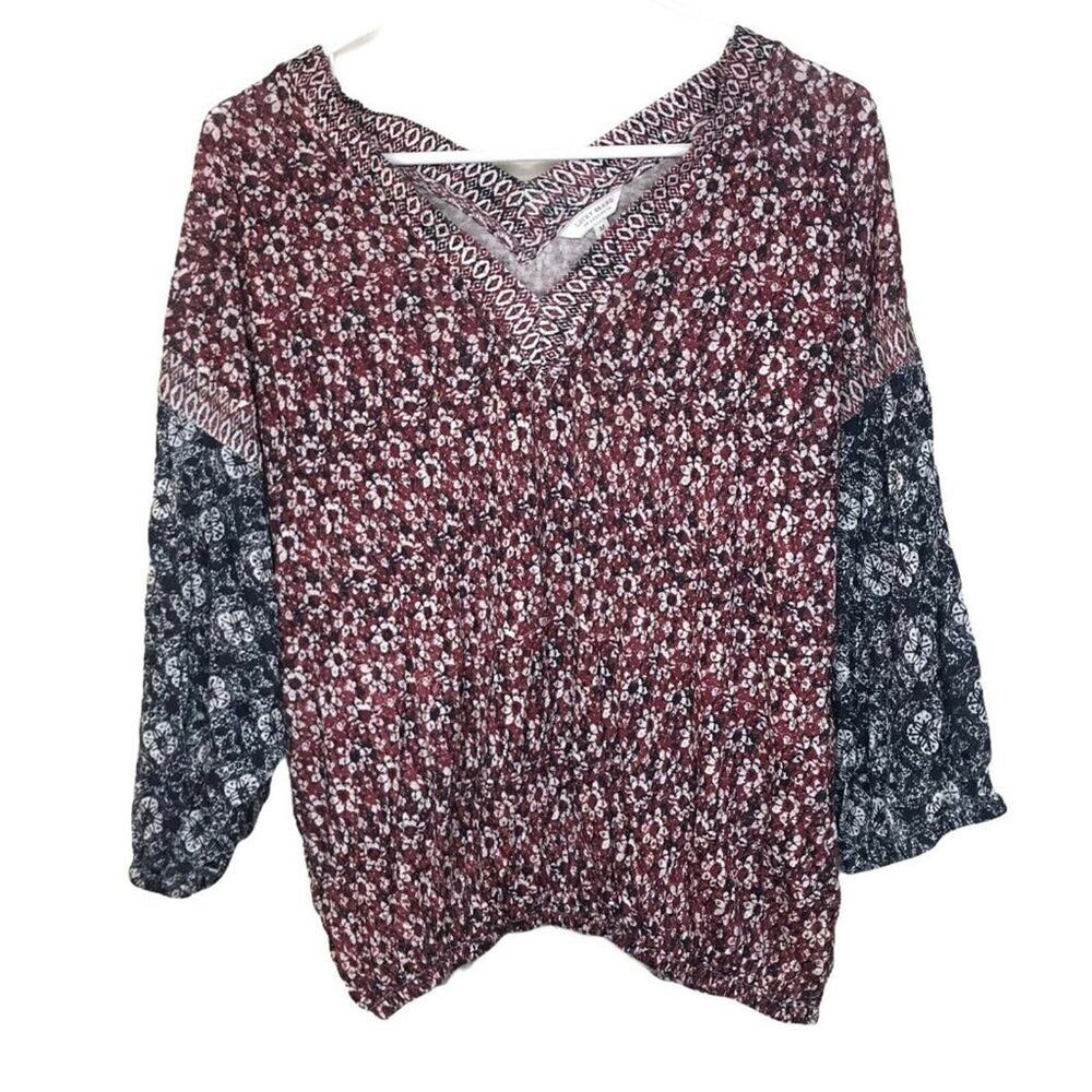Lucky Brand Elastic Waist and Sleeve Floral Batik Blouse size medium